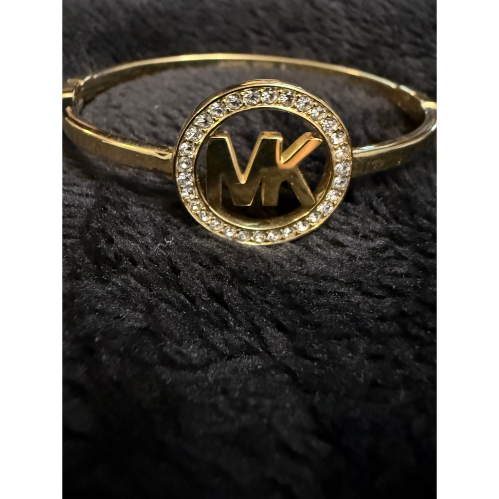 Michael Kors Gold Tone Pave MK Logo Hinge Bangle Bracelet
